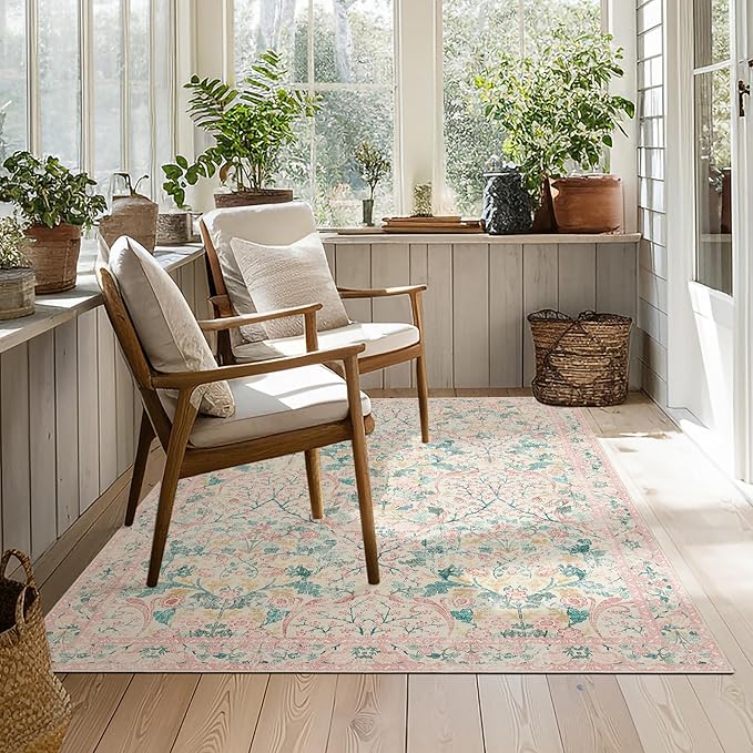MUJOO 3x5 Pink Rug Washable,Floral Area Rug for Bedroom Office Entryway Living Room Bedside,Small Throw Carpet Boho Non Slip Indoor Floor Botanical Vintage Ultra-Thin