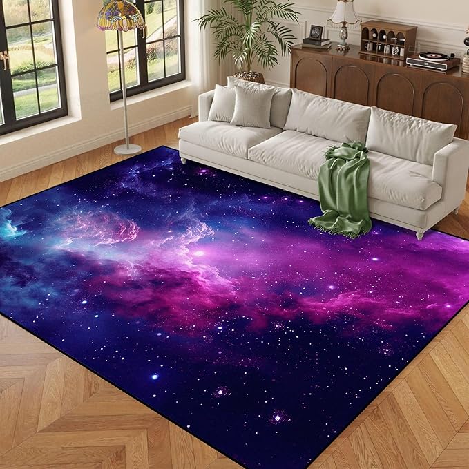 5' X 7' Purple Galaxy Rug Space Rugs Colorful Throw Rug Non-Slip Sun and Cloud Carpet Doormats for Living Room Bedroom Apartment Dorm Floor Mat