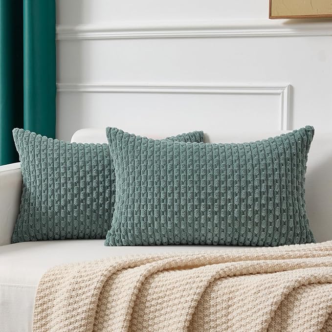Kevin Textile 12x24 Inch Pillow Cover 1 Pack Boho Decorative Soft Striped Corduroy Lumbar Farmhouse Color Accent Rectangle Cushion Case for Living Room Couch Sofa Bed, Teal Green