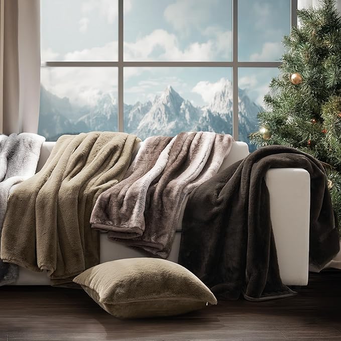 EVERGRACEHOME Ultra Soft Luxury Fluffy Mink Faux Fur Throw Blanket, Thick Warm Fall Winter Blankets for Bed, Couch, Cozy Plush Reversible Blanket for Chair, Sofa (Natural Tan, 50"x60")