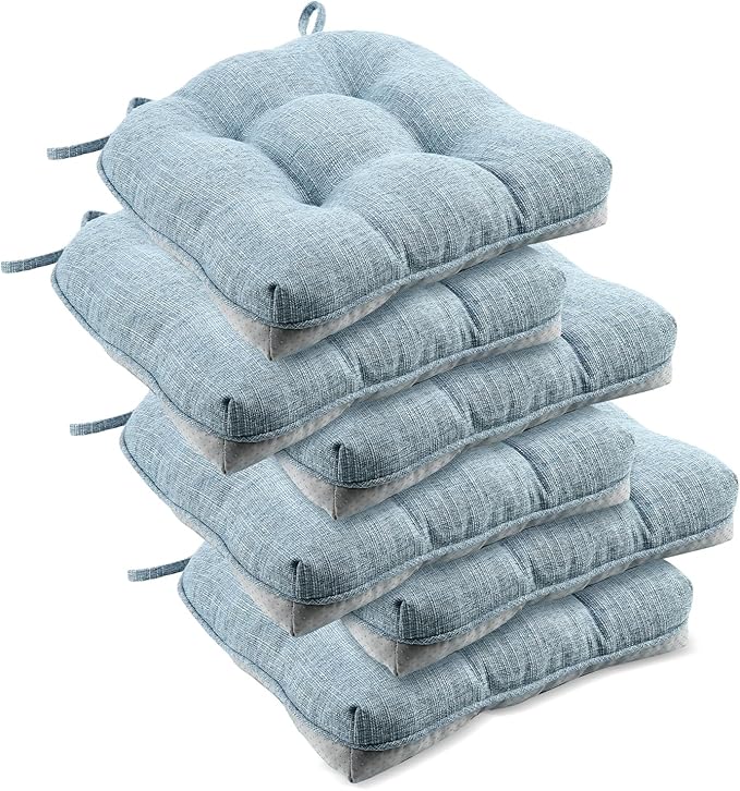 downluxe Indoor Chair Cushions for Dining Chairs, Tufted Overstuffed Textured Foam Kitchen Chair Pads with Ties and Non-Slip Backing, 15.5" x 15.5" x 4", Light Blue, 6 Pack