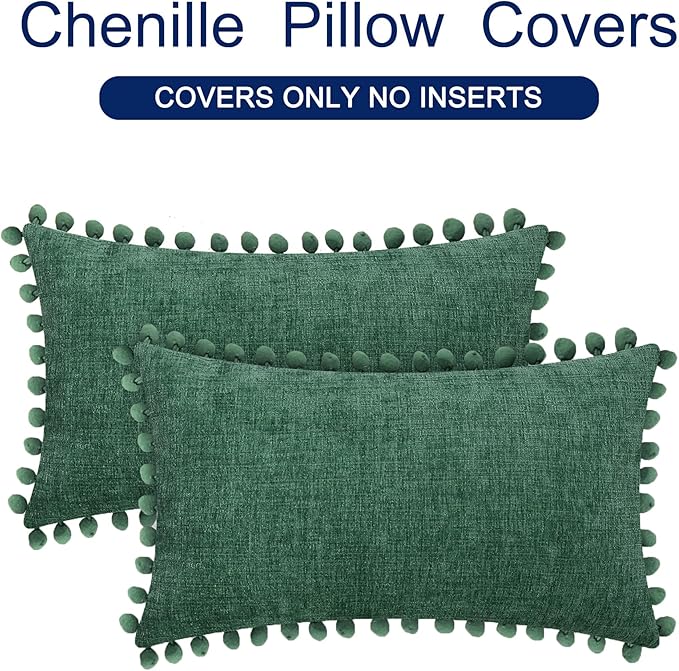CaliTime Christmas Throw Pillow Covers Decorative 20 X 12 Inches Pack of 2 Cozy Solid Dyed Soft Chenille Cushion Cases with Pom Poms for Couch Sofa Bed Living Room Home Dark Green
