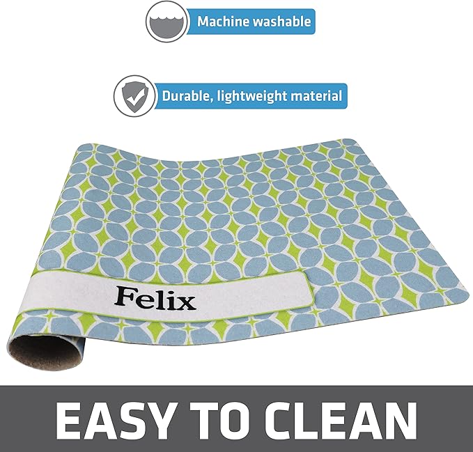 Drymate Personalized Pet Bowl Placemat, Custom Dog & Cat Food Feeding Mat - Absorbent Fabric, Waterproof Backing - Machine Washable/Durable (USA Made) (12" x 20") (Structure Blue & Green)