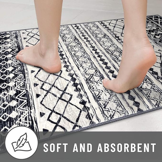 KUTA Moroccan Washable Kitchen Rug, 2x7 Non-Slip Vintage Black Navy Blue Boho Hallway Runner Rugs Ultra Soft Distressed Geometric Floor Carpet Runners for Bedroom Laundry Living Room