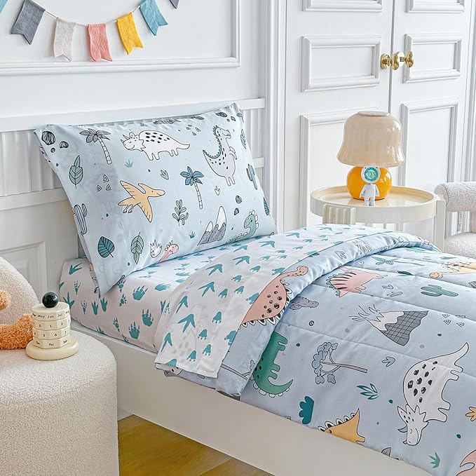 Joyreap 4 Piece Toddler Bedding Set, Cute Dinosaur on Light Blue, Ultra Soft Microfiber Toddler Comforter for Kids Boys Girls, Includes Quilted Comforter, Fitted Sheet, Top Sheet, and Pillow Case