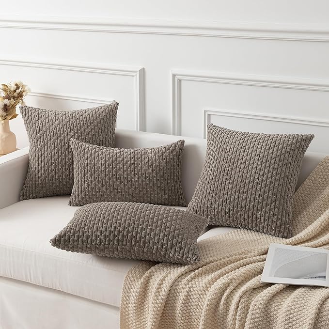 Kevin Textile 12x24 Inch Pillow Cover 1 Pack Boho Decorative Soft Striped Corduroy Lumbar Farmhouse Color Accent Rectangle Cushion Case for Living Room Couch Sofa Bed, Light Brown