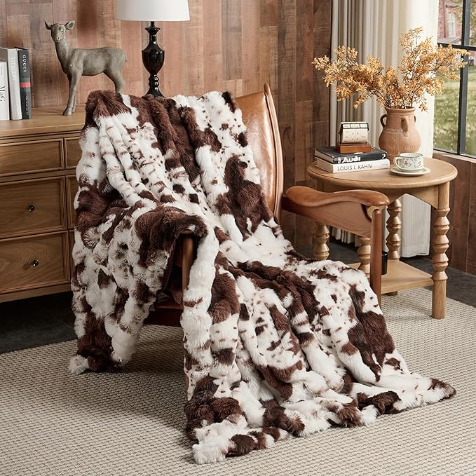 Lotus Karen Faux Fur Throw Blanket Cow Print-Dark Brown, Fluffy Fuzzy Plush Bubble Blanket for Couch, 80x60 Inches Cozy Shaggy Rabbit Blanket, Luxury Decorative Gifts for Sofa Bedroom Living Room.