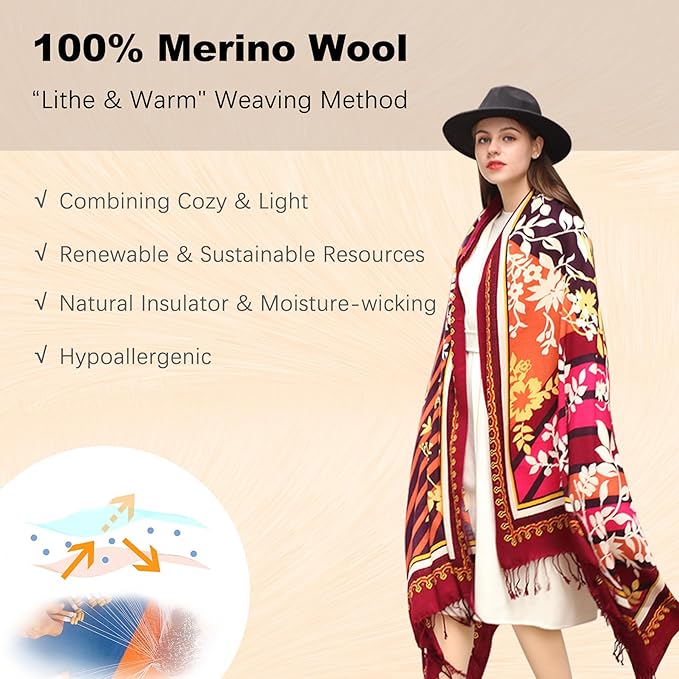 DANA XU 100% Merino Wool Pashmina Shawl for Women 96"x43", Oversized Cashmere Wrap with Tassels, Floral Travel Blanket Cape