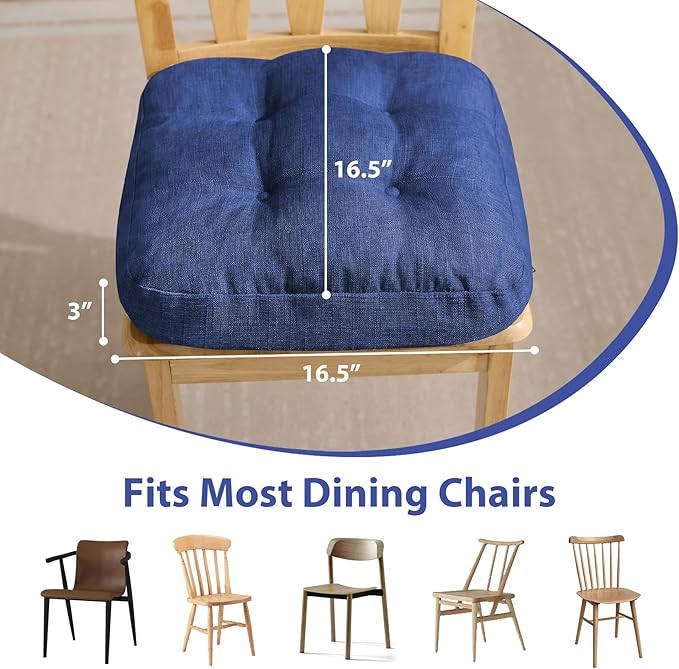 Chair Cushions, Dining Chair Cushions, Tufted Indoor Chair Pads, Set of 2, Navy Blue, 16.5'' x 16.5'' x 3.5''