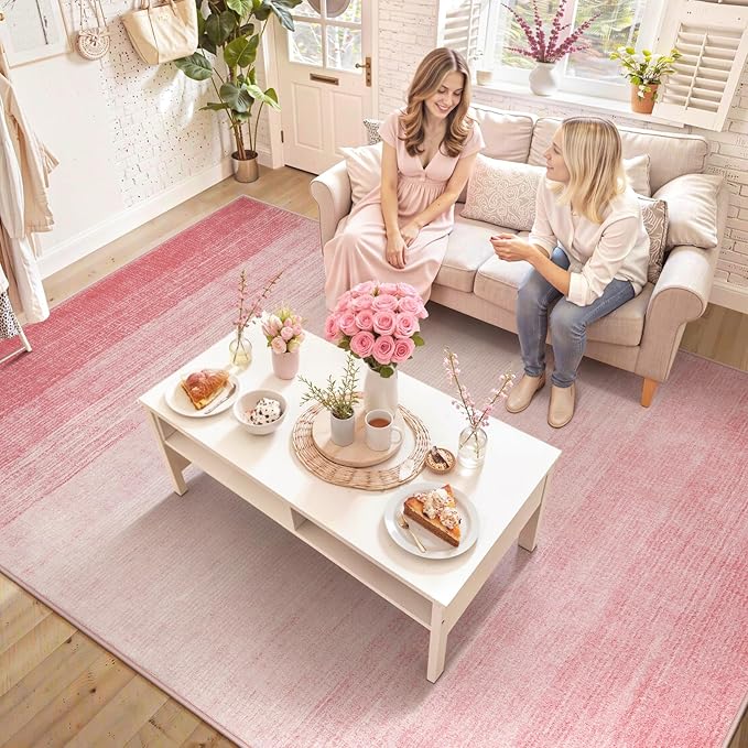 Wonnitar Modern Ombre Light Pink 9x12 Area Rug, Washable Soft Bedroom Rug Non-Slip Rugs for Living Room, Non-Shedding Large Nursery Mat, Thin Floor Carpet for Kids Playroom Dining Room (Pink, 9'x12')