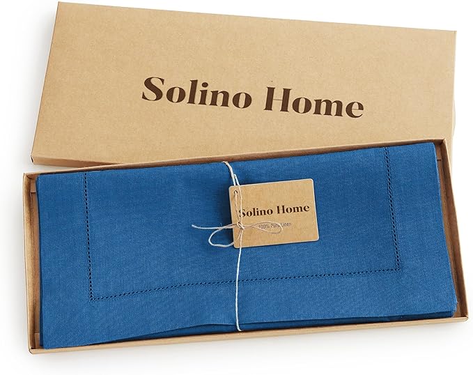 Solino Home Linen Indigo Blue Table Runner 132 Inches Long - 100% Pure Linen Extra Long Table Runner 14 x 132 Inch - Classic Hemstitch