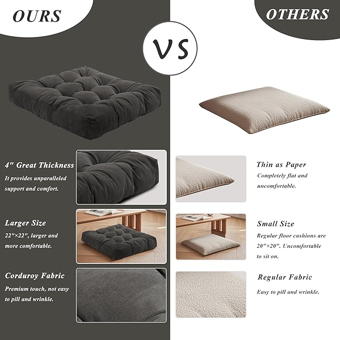 Meditation Floor Pillow 22×22 Inch 1 Pack Large Floor Cushions for Adults Square Tufted Corduroy Floor Pillows for Yoga Living Tatami Room Dark Grey