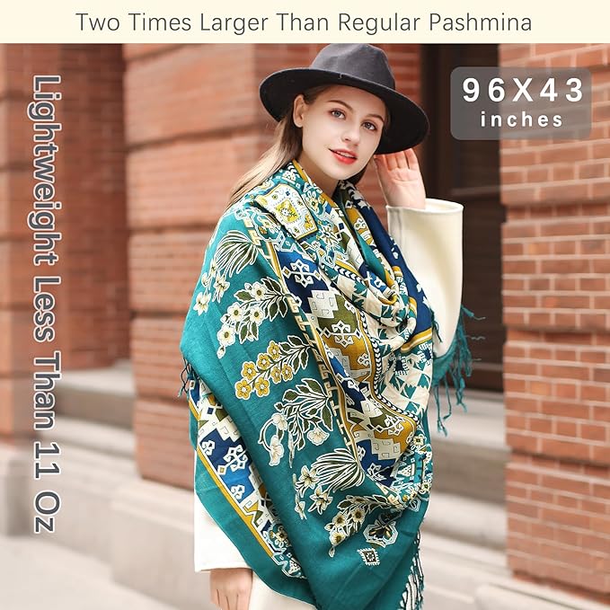 DANA XU 100% Merino Wool Pashmina Shawl for Women 96"x43", Oversized Cashmere Wrap with Tassels, Floral Travel Blanket Cape