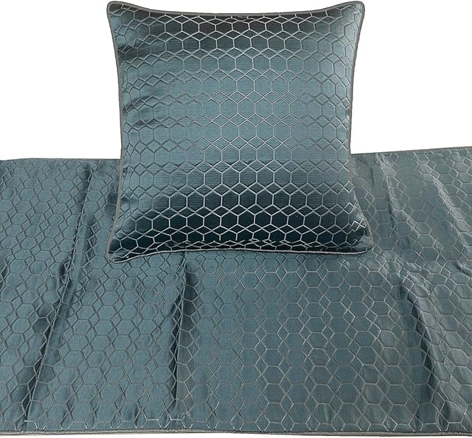 The HomeCentric King Queen Twin Blue Handmade Twin 53"x18" Bed Runner with Pillow Cover, Hexagon Pattern Bed Scarf on Jacquard Fabric - Hexagon Lagoon