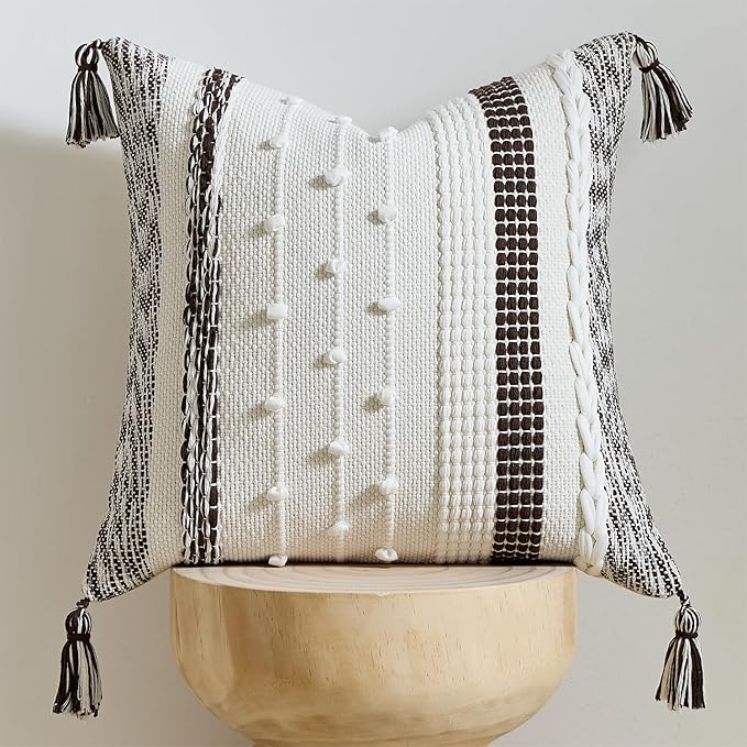 Boho Pillow Cover 18x18 Chocolate Brown - Handmade Woven Textured Throw Pillow Case with Cordings & Tassels, Decorative Accent for Couch Sofa Farmhouse Living Room Home Decor