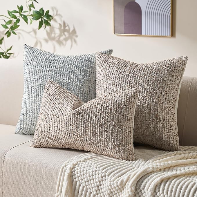 Decorative Lumbar Pillow Cover 12x20 Beige Striped Soft Wool Lumbar Throw Pillow Neutral Textured Boho Cushion Covers for Modern Farmhouse Sofa Bedroom Living Room Decor SY011-A12