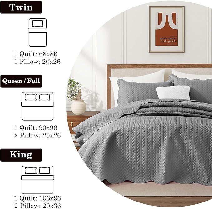 IR Imperial Rooms California King Quilt Bedding Set Size (118"x106") + 2 Pillow Shams (20" x 36"+ 2") - 3 Pcs All Season Reversible Microfiber Coverlet Embossed Quilt Bedspread (Grey)
