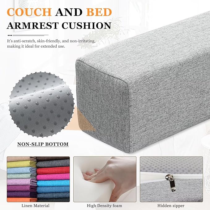 Couch Arm Rest Pillow, Linen Armrest Cushion, High Density Foam Armrest Cushion, Removable & Washable Rectangular Headboard Elbow Support for Armchair Sofa Bed,Beige-2pcs,7.9x7.9x19.7