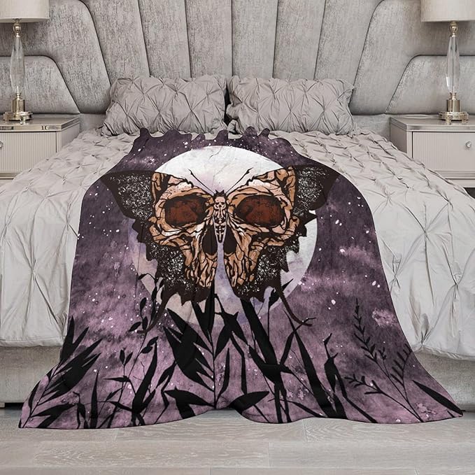 Death Moth Blanket, Boho Gothic Skull Moth Purple Starry Plant Full Moon Mysterious Witchy Throw Blanket for Couch Sofa Office Bed Travelling Bed Throws, 40"x50"