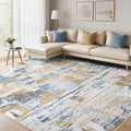 Abstract Living Room Rug 12x15 - Modern Washable Soft Thin Area Rug for Living Room Bedroom Under Dining Table - Neutral Indoor Floor Rug Carpets for Home Office Playroom Nursery - Blue Gold