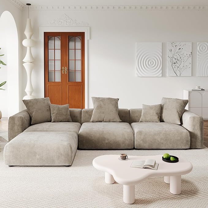 JACH Modern Sectional Couch Sofa, Corduroy Modular Sectional Couch with Chaise Ottoman, Cushion Covers Removable, Oversized Soft Couches for Living Room, Office (Light Brown)