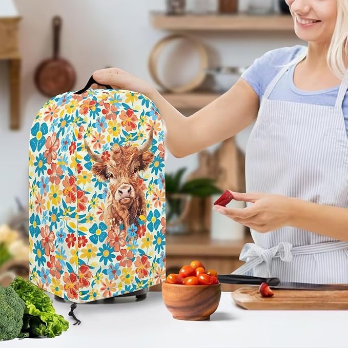 Kitchen Blender Dust Cover with Drawstring and Handle, Floral Highland Cow Print Dust Protection Easy to Clean Small Appliance Food Processor Coffee Maker Cover