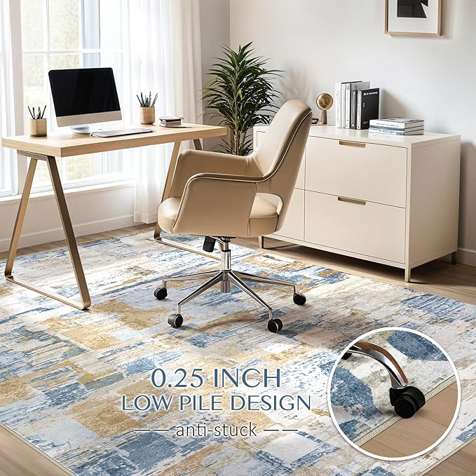 Abstract Living Room Rug 10x14 - Modern Washable Soft Thin Area Rug for Living Room Bedroom Under Dining Table - Neutral Indoor Floor Rug Carpets for Home Office Playroom Nursery - Blue Gold