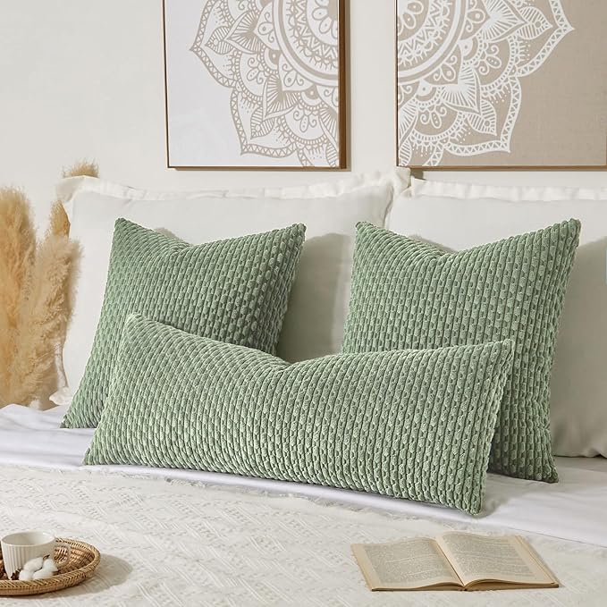 Kevin Textile 14x36 Inch Long Lumbar 1 Pack Boho Decorative Throw Pillow Cover Soft Striped Corduroy Rectangle Cushion Case Farmhouse Solid Color Accent for Living Room Couch Sofa Bed, Sage Green