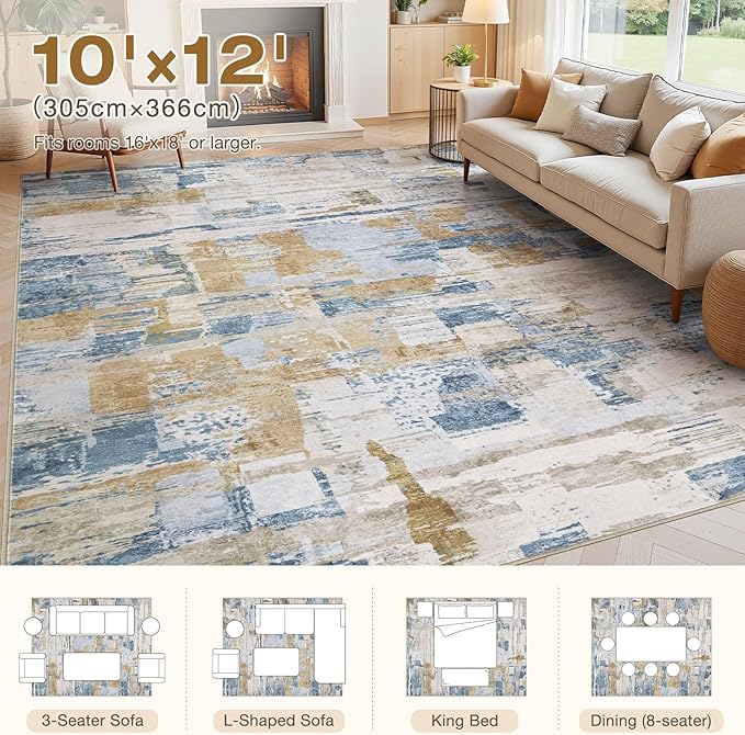 Abstract Living Room Rug 10x12 - Modern Washable Soft Thin Area Rug for Living Room Bedroom Under Dining Table - Neutral Indoor Floor Rug Carpets for Home Office Playroom Nursery - Blue Gold