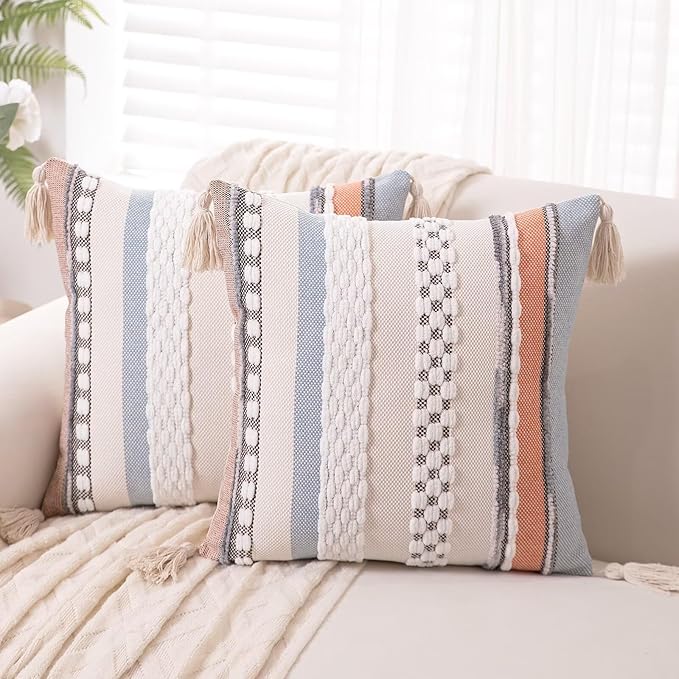Boho Throw Pillow Covers 18x18 Set of 2 Woven Tufted Farmhouse Pillows Cover with Tassels Textured Striped Cushion Case Neutral Pillow Cases Decorative Pillowcase for Couch,Orange Blue