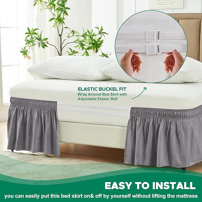 Biscaynebay Wrap Around Bed Skirts for Twin & Twin XL Beds Long Drop of 18", Silver Grey Adjustable Elastic Dust Ruffles Easy Fit Wrinkle Resistant Silky Luxurious Fabric Machine Washable