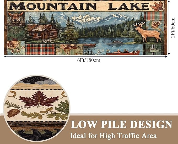Multi-Color Elk Runner Rug 3.3x10ft with Floral Mountain Scene - Vintage Washable Floor Mat, Bohemian Rug for Kitchen Corridor, Canvas Art Style Decor