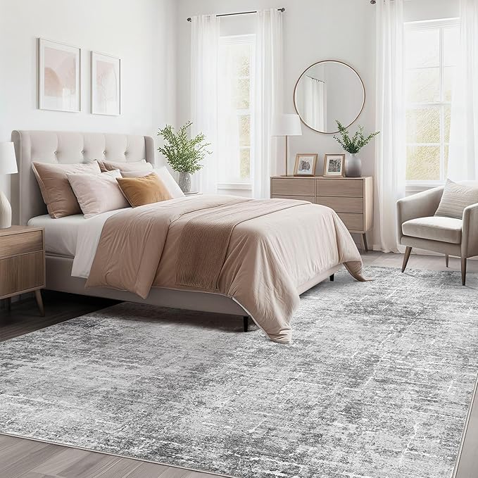 Abstract Living Room Rug 9x12 - Modern Washable Soft Thin Area Rug for Living Room Bedroom Under Dining Table - Neutral Indoor Floor Rug Carpets for Home Office Playroom Nursery - Grey White