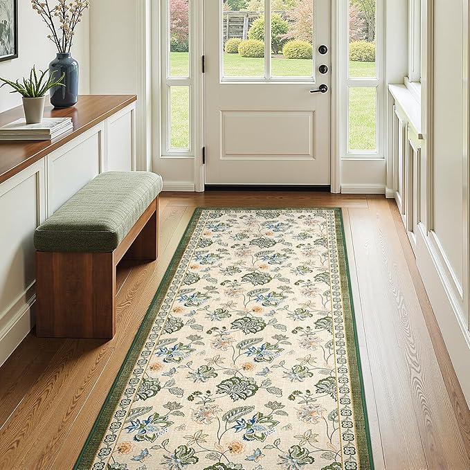 jinchan Elora 3x10 Floral Runner Rug for Hallway Washable Runner Vintage Romance Christmas Design Non Slip Thin Indoor Floor Cover Low-Profile Throw Carpet for Entryway Bathroom Porch, Green/Beige