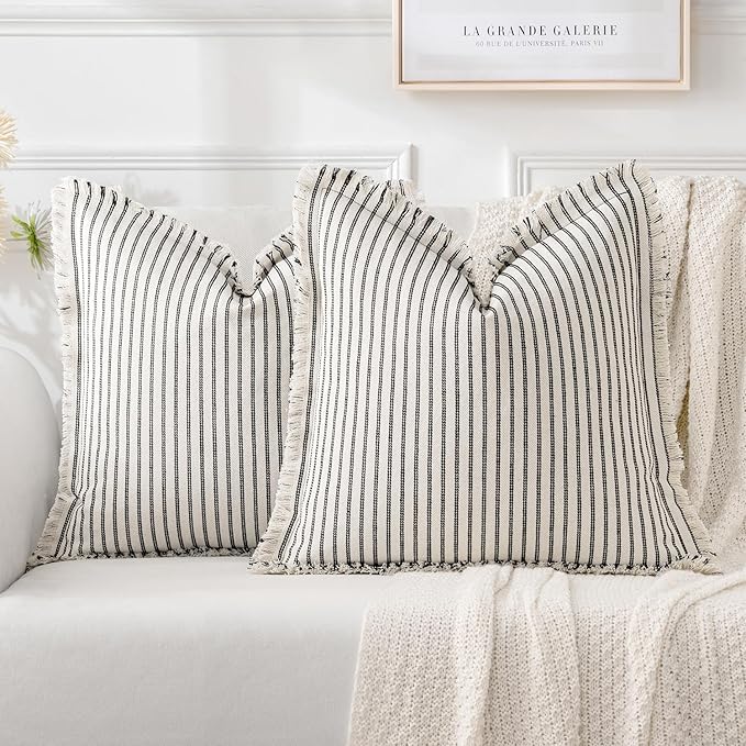 MIULEE Pack of 2 Black Pillow Covers 22x22 Inch Striped Farmhouse Couch Throw Pillow Covers with Fringe Chic Linen Decorative Cushion Covers for Sofa Living Room Bed Outdoor Home Decor
