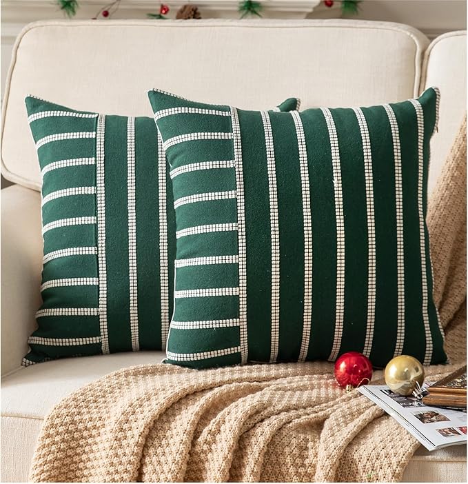 Boho Throw Pillow Covers 20x20 Set of 2 Soft Farmhouse Decorative Couch Pillow Cases Dark Green Striped Pillow Covers Neutral Cushion Covers for Sofa Bed Living Room Home Decor