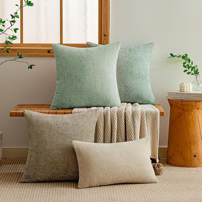 a moment Light Green Chenille Throw Pillow Covers 18x18 Inch Pack of 2 Modern Decorative Throw Pillow Covers Farmhouse Cross Covers Home Decor for Sofa Bedroom Living Room