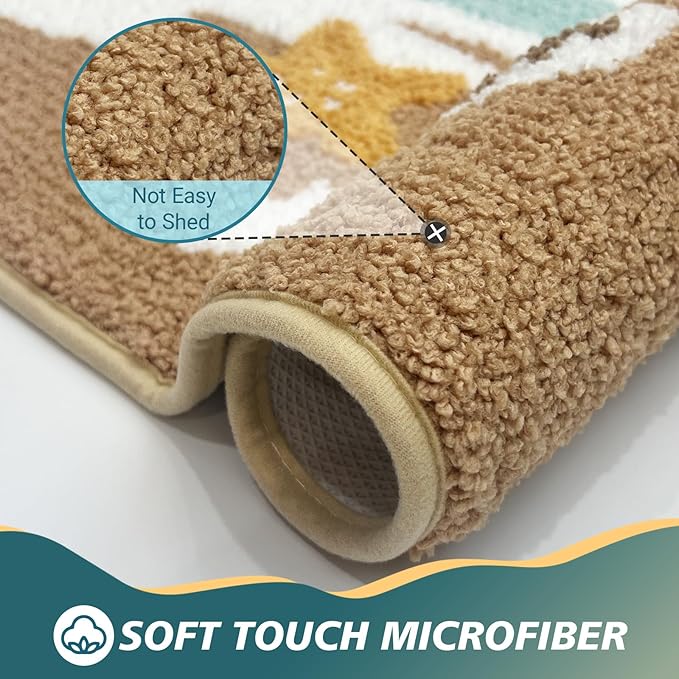 Beach Bathroom Rugs Soft Absorbent Ocean Wave Bath Mat with Non-Slip Backing Coastal Decor for Bathroom Kitchen Entryway, Blue Sea Design with Starfish Shells Pattern Bath Decor (D, 20"x32")