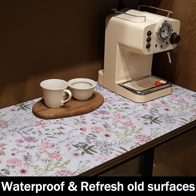 Leaf Floral Shelf Liners Non Adhesive and Strong Non-Slip Shelf and Drawer Liners for Kitchen Cabinet Wire Fridge, Waterproof Shelf Drawer Liner,Easy to Clean,12IN x 10FT