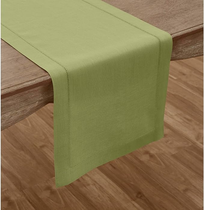 Solino Home Linen Moss Green Table Runner 156 Inches Long - 100% Pure Linen Extra Long Table Runner 14 x 156 Inch - Classic Hemstitch