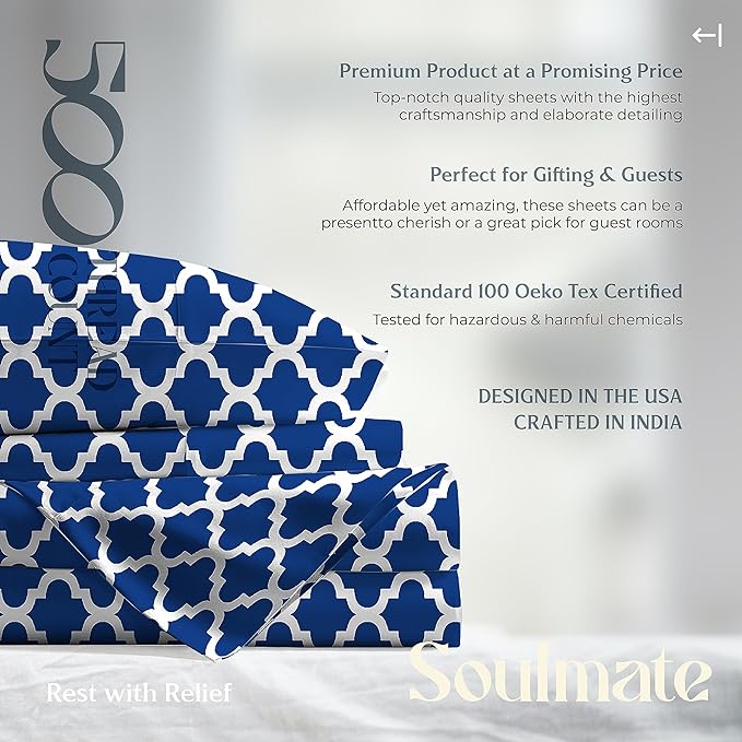 Mayfair Linen 100% Cotton Printed Bed Sheets Twin XL Set - 500 Thread Count Cotton Twin XL Sheets Only, 3 PC Set (Quatrefoil Navy Print), Soft, Cooling, Sateen Weave 16" Deep Pocket Dorm Room Bedsheet