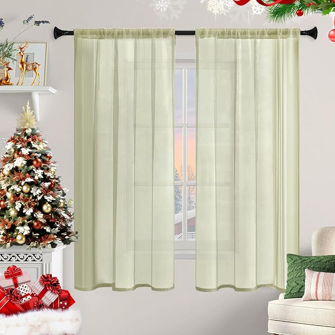 Sheer Curtains 45 Inches Long 2 Panels, Rod Pocket Short Curtain for Kitchen, Bedroom, Cafe Window(Sage Green 38" W x 45" L)