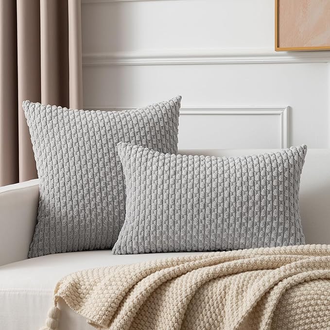 Kevin Textile 14x24 Inch Pillow Cover 1 Pack Boho Decorative Soft Striped Corduroy Lumbar Farmhouse Solid Color Accent Rectangle Cushion Case for Living Room Couch Sofa Bed, Light Grey
