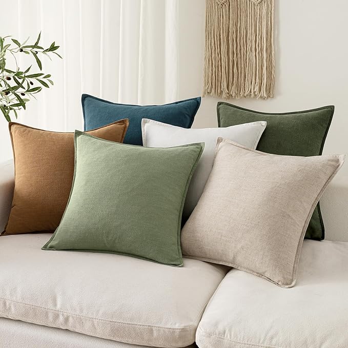 EMEMA Decorative Linen Throw Pillow Covers 20x20 Inch Grass Green Boho Farmhouse Neutral Couch Throw Pillows for Bed Pack of 2 Accent Pillowcase Modern Sofa Cushion Livingroom Home