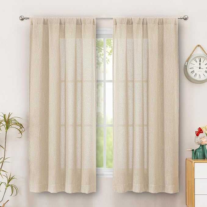 Simplebrand Natural Faux Linen Textured Curtains 63 Inch Length 2 Panels for Bedroom, Semi Sheer Light Filtering Privacy Farmhouse Curtains, Soft Thick Rod Pocket Window Drapes, 40W x 63L Inch