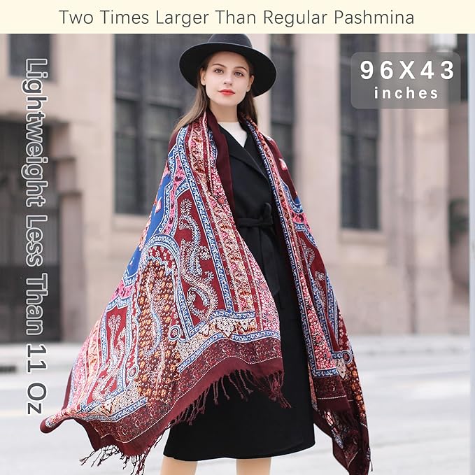DANA XU 100% Merino Wool Extra Large Pashmina Blanket Travel Scarf Cashmere Wrap for Women Fall Winter Oversize Shawl Floral