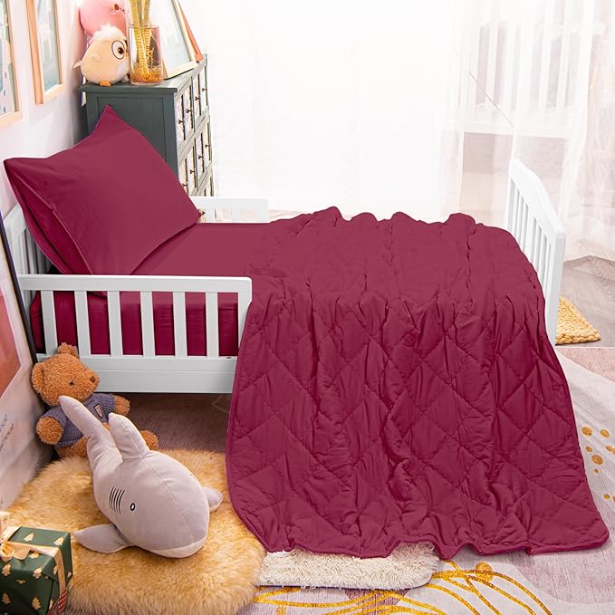 4-Piece Toddler Bedding Set for Girls and Boys – Soft and Breathable Crib Bedding with Quilted Comforter, Fitted Sheet, Flat Top Sheet and Envelope Pillowcase, Red