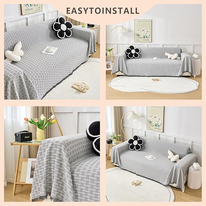 Grey Couch Cover Blanket Cute Geometrical Jacquard Washable Sofa Cover for Extra Large Furniture for 3 Cushion Sofa L Shaped Sectional Couch Blanket 71"x 134"
