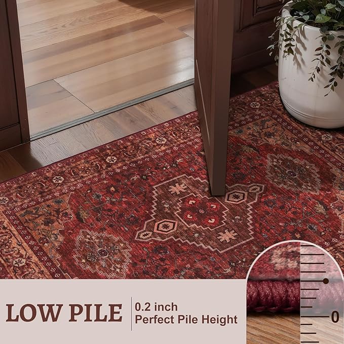 Tangsoo 2.6x8 Washable Runner Rug for Hallways, Non Slip Vintage Runner Rug, Soft Low Pile Long Rug Runner, Print Carpet Runners for Kitchen Bedroom Entryway Bathroom Living Room Dark Red