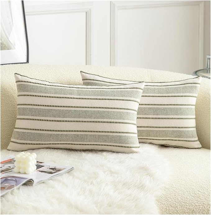 Decorative Boho Lumbar Throw Pillow Covers, Farmhouse Textured Pillow Case, 12 x 20 Inch Set of 2, Chair Sofa Bedroom Living Room Home Decor Couch Cushion Case, Olive Green and Beige